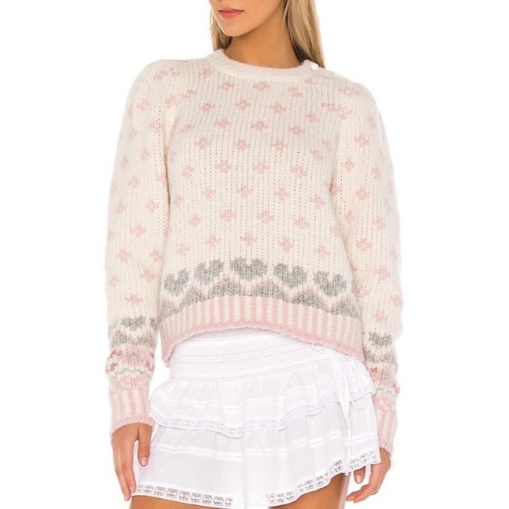 LoveShackFancy Rosie Pullover Sweater Alpaca Pink Cream Fair Isle Milky - Picture 2 of 12